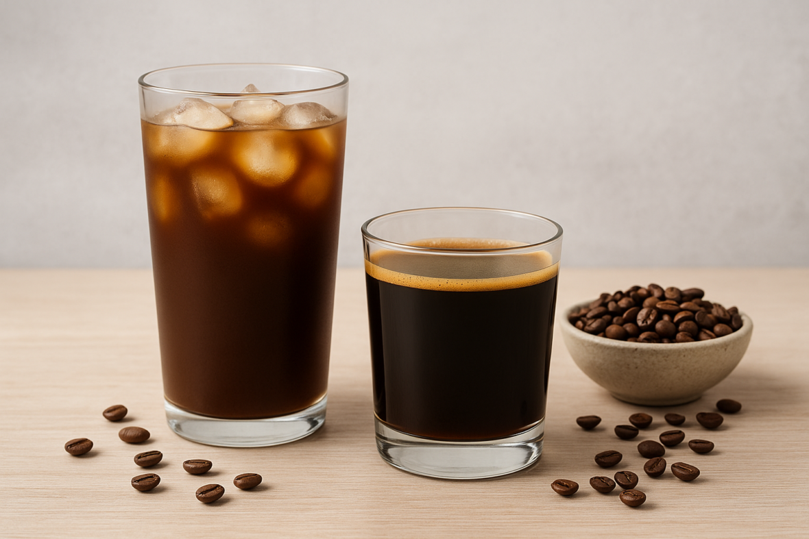 Tall iced robusta brew beside short, dark robusta concentrate glass on light background with beans in soft focus.
