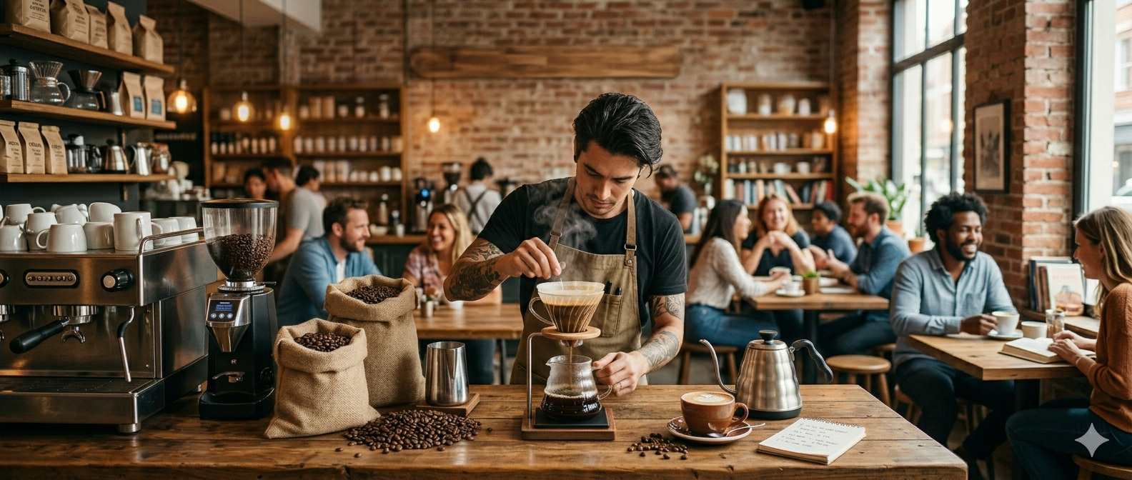Caffeinated Clatter website header featuring a barista preparing pour-over coffee at a wooden counter. The foreground shows an espresso machine, a gooseneck kettle, and burlap sacks of Arabica and Colombia Typica coffee beans. In the background, patrons socialize in a rustic, brick-walled cafe. Text overlay reads: 'Caffeinated Clatter - Brewing Stories from Coffee Corners'.-+